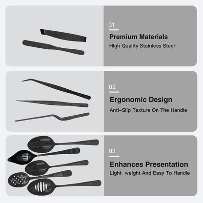 Professional Chef Tools | Plating Tools Culinary Set | Piece Culinary Tool Set | Premium Stainless Steel Chef's Plating Tool Set | Kitchen Tweezers & Fish tongs & Spatula & Slotted Spoon (Black) (5)