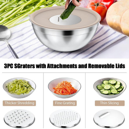 Mixing Bowls with Lids Set, Stainless Steel, 7 Sizes (0.7-4.5QT), with 3 Grater Attachments, Nesting, Dishwasher Safe, for Cooking, Baking and Serving (Khaki-7 Sizes)