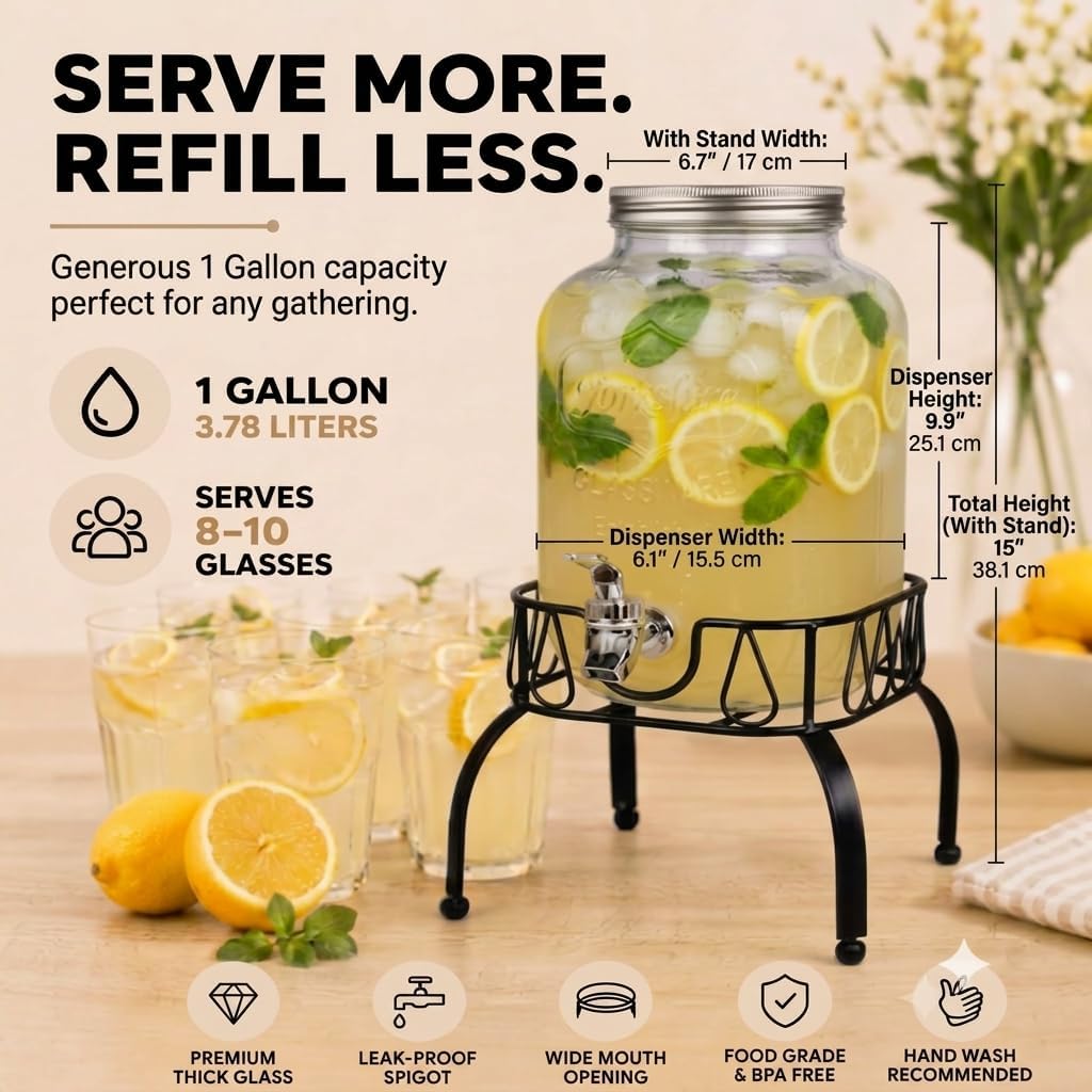 Estilo Gallon Drink Dispenser with Stand - Glass Beverage Dispenser with Stand for Weddings - Sun Tea Jar with Spigot 1 Gallon - Countertop Glass Water Dispenser for Lemonade and Parties