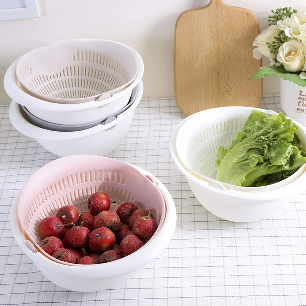 Double Layer Swivel Drainer 2 in 1 Bowl Strainer Combo - Kitchen Colander Fruit Wash Strainer for Cleaning Veggies, Noodles (Beige)