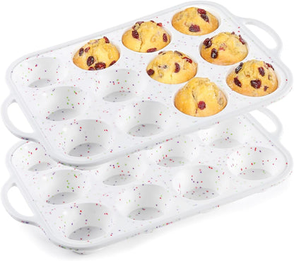 CAKETIME Mini Muffin Pan, Metal Reinforced Frame Mini Cupcake Pans 24 Cups Nonstick Muffin Silicone Molds with Handle for Baking Muffins, Cupcakes, Egg Bites 2 Pack