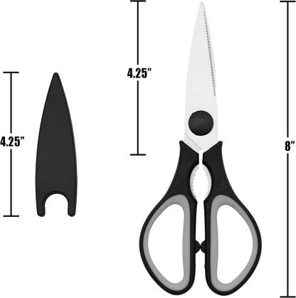 Grip Multi-Purpose Stainless Steel Kitchen Scissors - Non-Slip TPR Grip - Serrated Blade - Cuts Meat, Vegetables, Fish, Poultry, Fruits, Pizza - Nut cracker/Bottle opener - Dishwasher Safe (Blk/Grey)