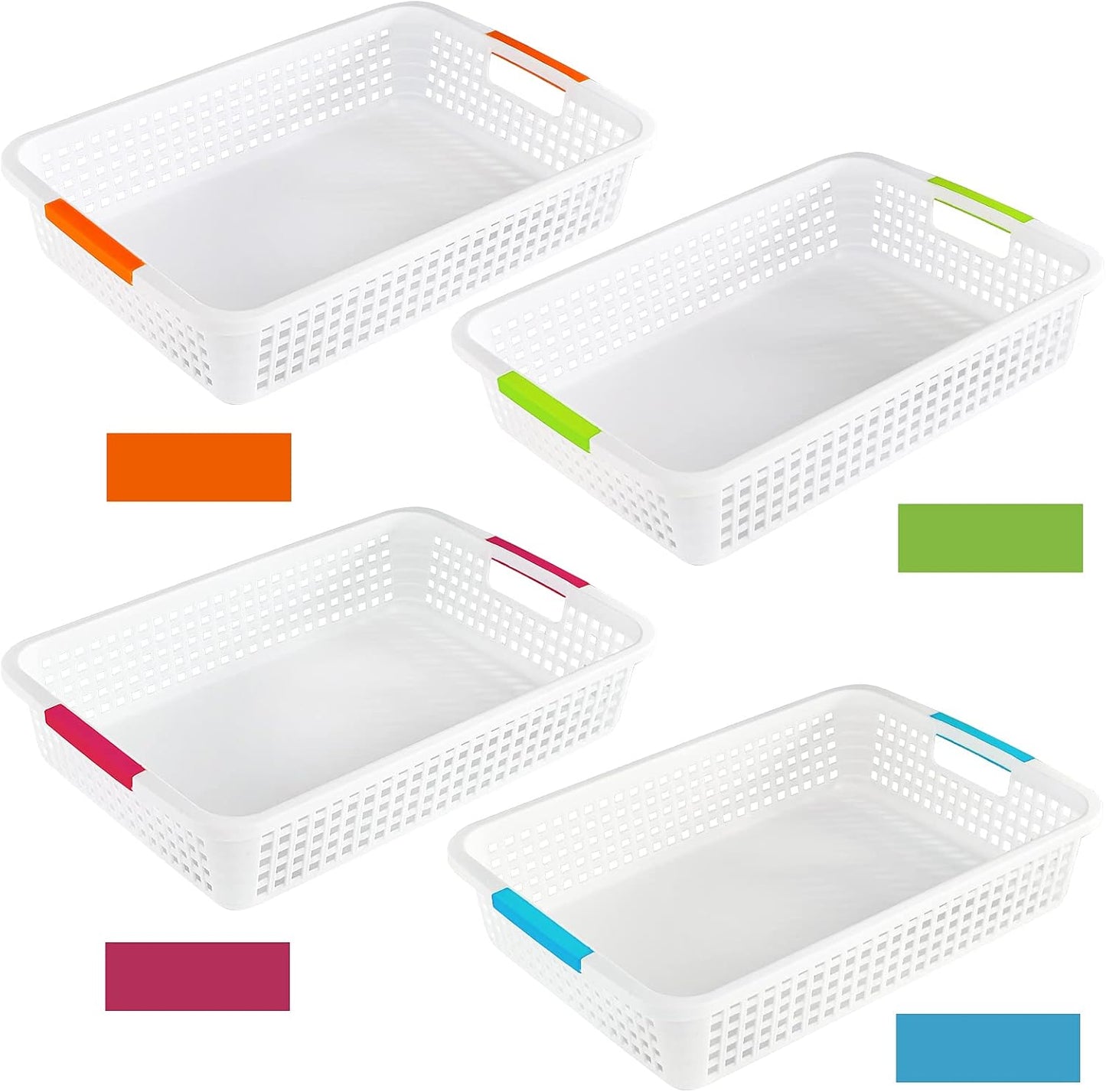 Lawei 8 Pack Large Plastic Storage Basket with Handle - 15 x 10 x 3 Inch Pantry Organizer Basket Bins Desktop Paper Storage Basket for Organization, Countertops, Cabinets, Bedrooms, Bathrooms
