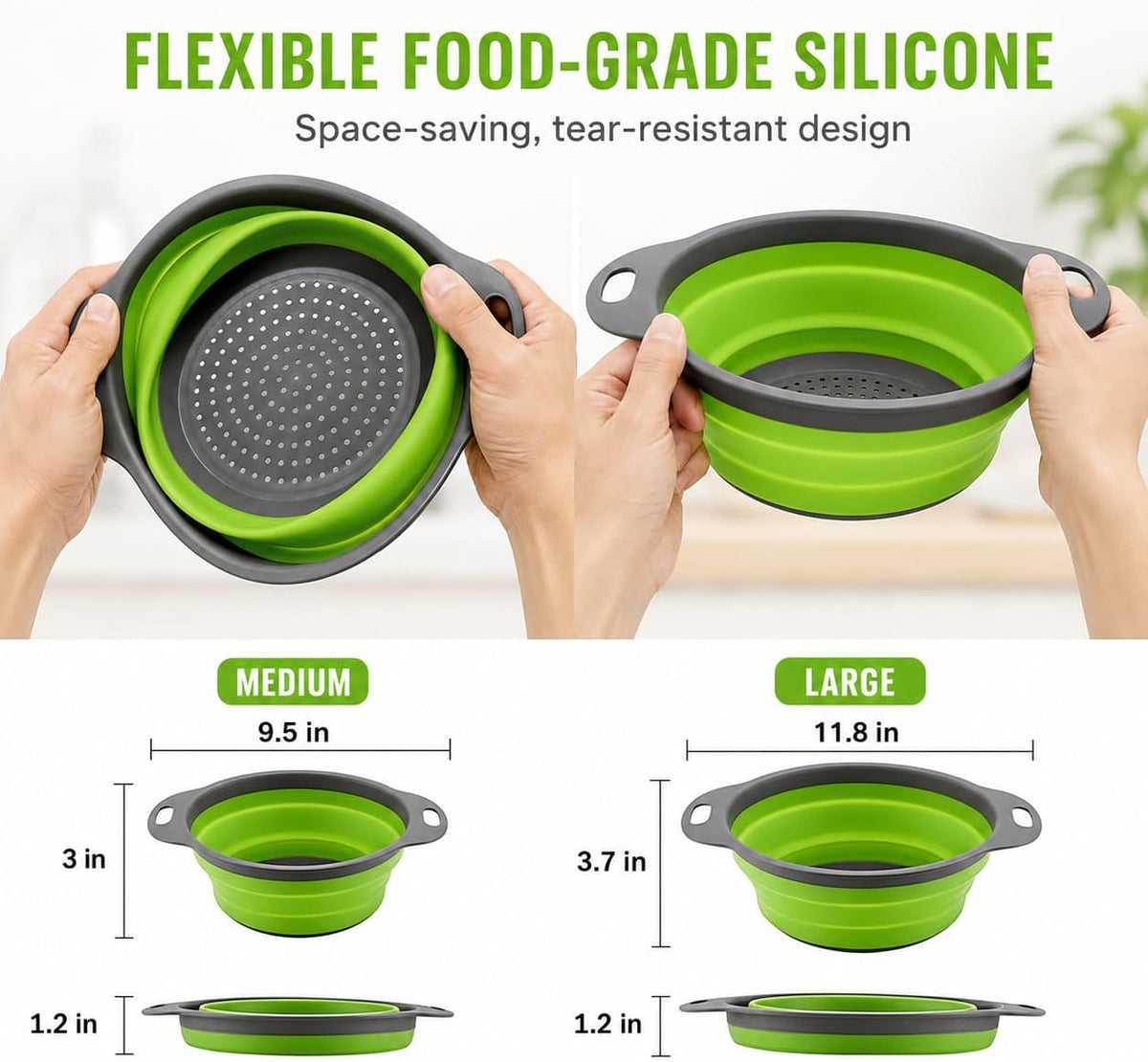 2-Piece Collapsible Colander Set, Large and Medium, Gray and Green