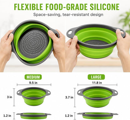 2-Piece Collapsible Colander Set, Large and Medium, Gray and Green