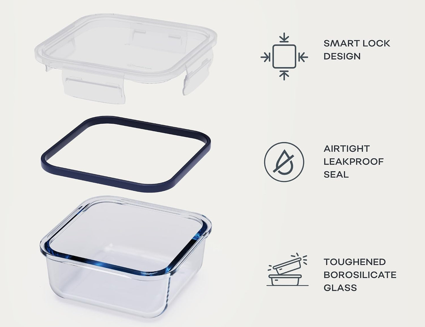 Glass Food Storage Containers with Lids| 3 Pack Square Set 27oz/3.4cup | Glass Meal Prep Containers | Non-Toxic & Airtight | Glass Containers with Lids | Oven, Freezer & Dishwasher Safe