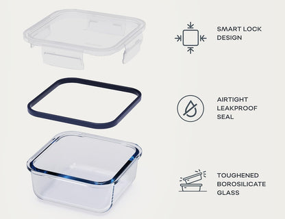 Glass Food Storage Containers with Lids| 3 Pack Square Set 27oz/3.4cup | Glass Meal Prep Containers | Non-Toxic & Airtight | Glass Containers with Lids | Oven, Freezer & Dishwasher Safe