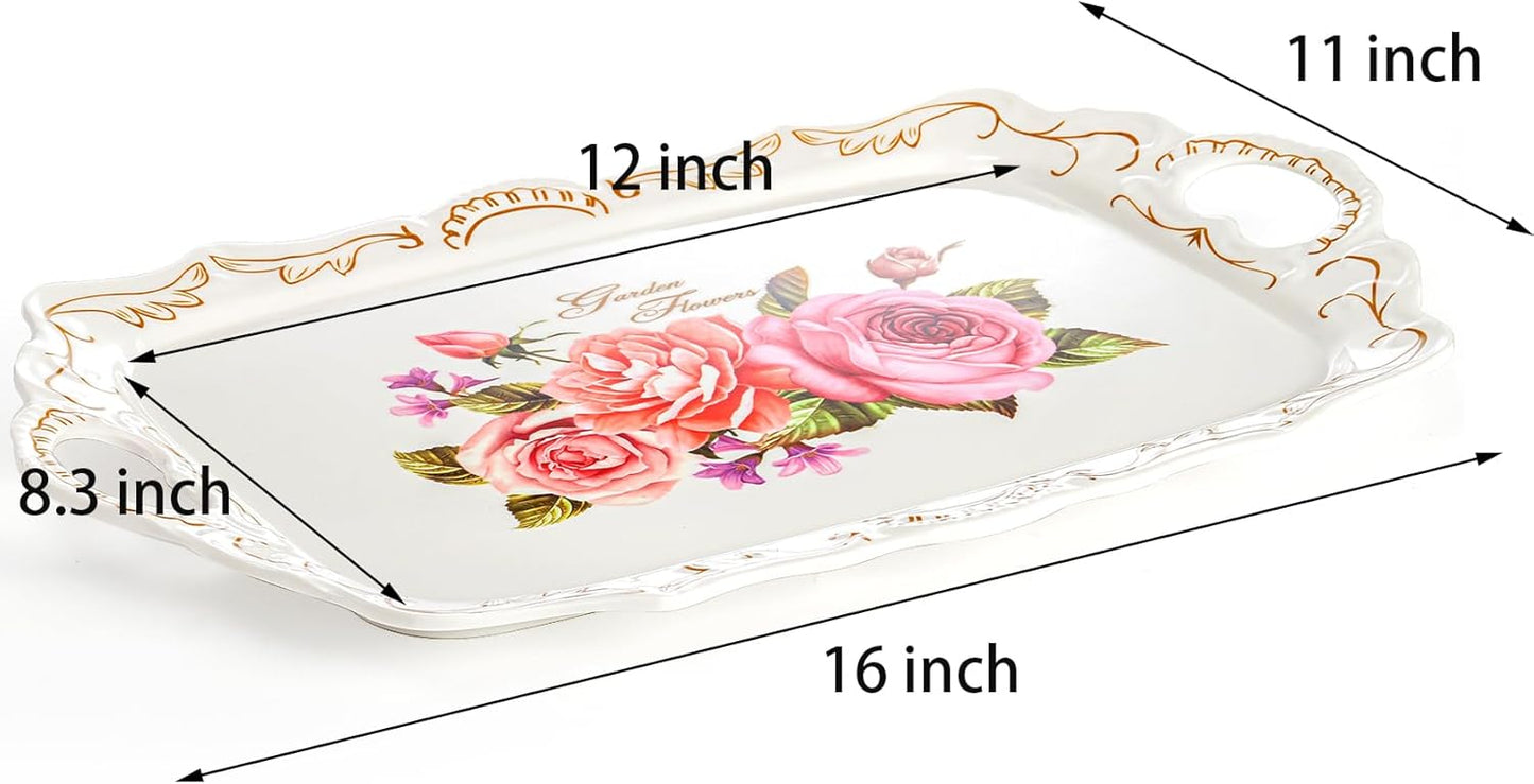 Nicunom 3 Pack Melamine Serving Tray with Handles, Floral Serving Trays Stackable Food Tray for Eating Unbreakable Large Serving Platter for Party, Decor, Home, Restaurant, Gift,16" L x 11" W
