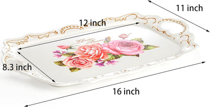 Nicunom 3 Pack Melamine Serving Tray with Handles, Floral Serving Trays Stackable Food Tray for Eating Unbreakable Large Serving Platter for Party, Decor, Home, Restaurant, Gift,16" L x 11" W