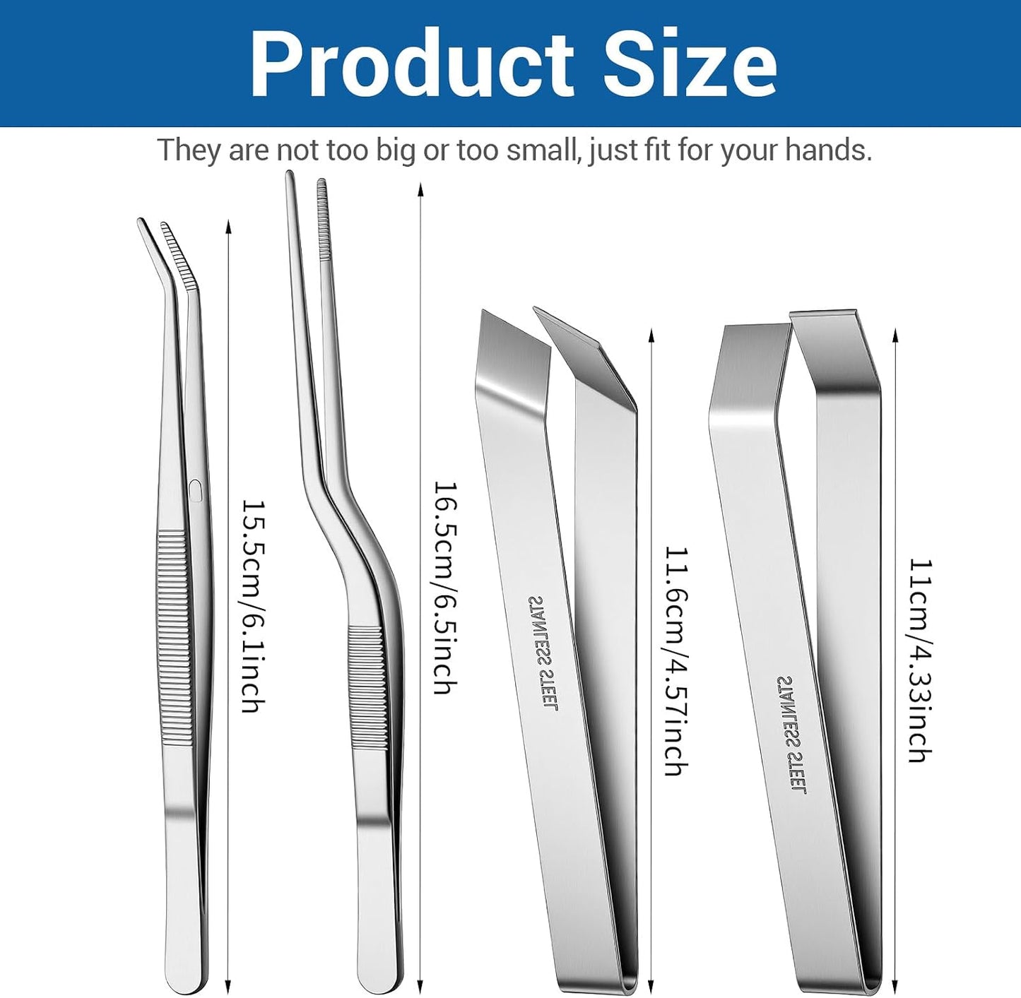 Ymapinc Fish Bone Tweezers Set, 4 Pieces Stainless Steel Food Cooking Tweezers to Remove Bones and Scales, Kitchen Tongs with Ergonomic Handles (Silver)
