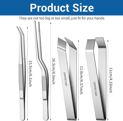 Ymapinc Fish Bone Tweezers Set, 4 Pieces Stainless Steel Food Cooking Tweezers to Remove Bones and Scales, Kitchen Tongs with Ergonomic Handles (Silver)