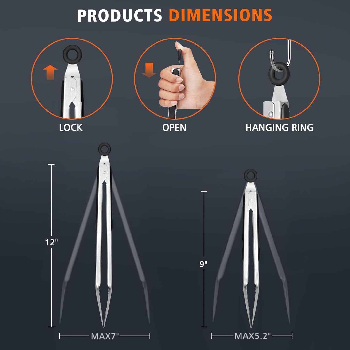 Hotec Stainless Steel Kitchen Tongs, Set of 3-7", 9" and 12", Locking Metal Food Tongs for Cooking, Serving, BBQ, Grill with Non-Slip Grip