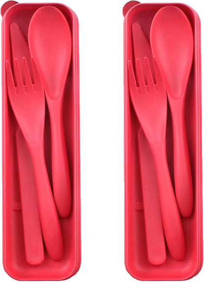 Reusable Travel Utensils Set with Case, 4 Sets Wheat Straw Portable Plastic Fork Spoons Knife Cutlery, Camping Eco-Friendly BPA Free Tableware for Kids Adults Work Picnic or Daily Use (Colorful)