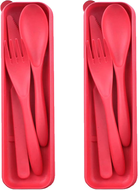 Reusable Travel Utensils Set with Case, 4 Sets Wheat Straw Portable Plastic Fork Spoons Knife Cutlery, Camping Eco-Friendly BPA Free Tableware for Kids Adults Work Picnic or Daily Use (Colorful)