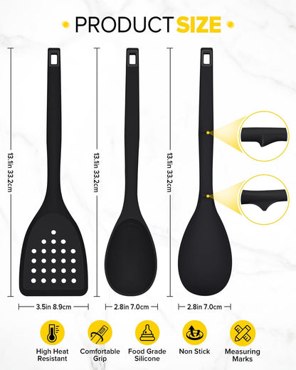 Pack of 4 Silicone Cooking Utensils Set, Non Stick Solid Spatulas and Heat Resistant Slotted Spoons with Back Hooks, Ideal BPA Free Kitchen Utensils Set for Frying,Serving,Turning,Stirring(KHAKI)
