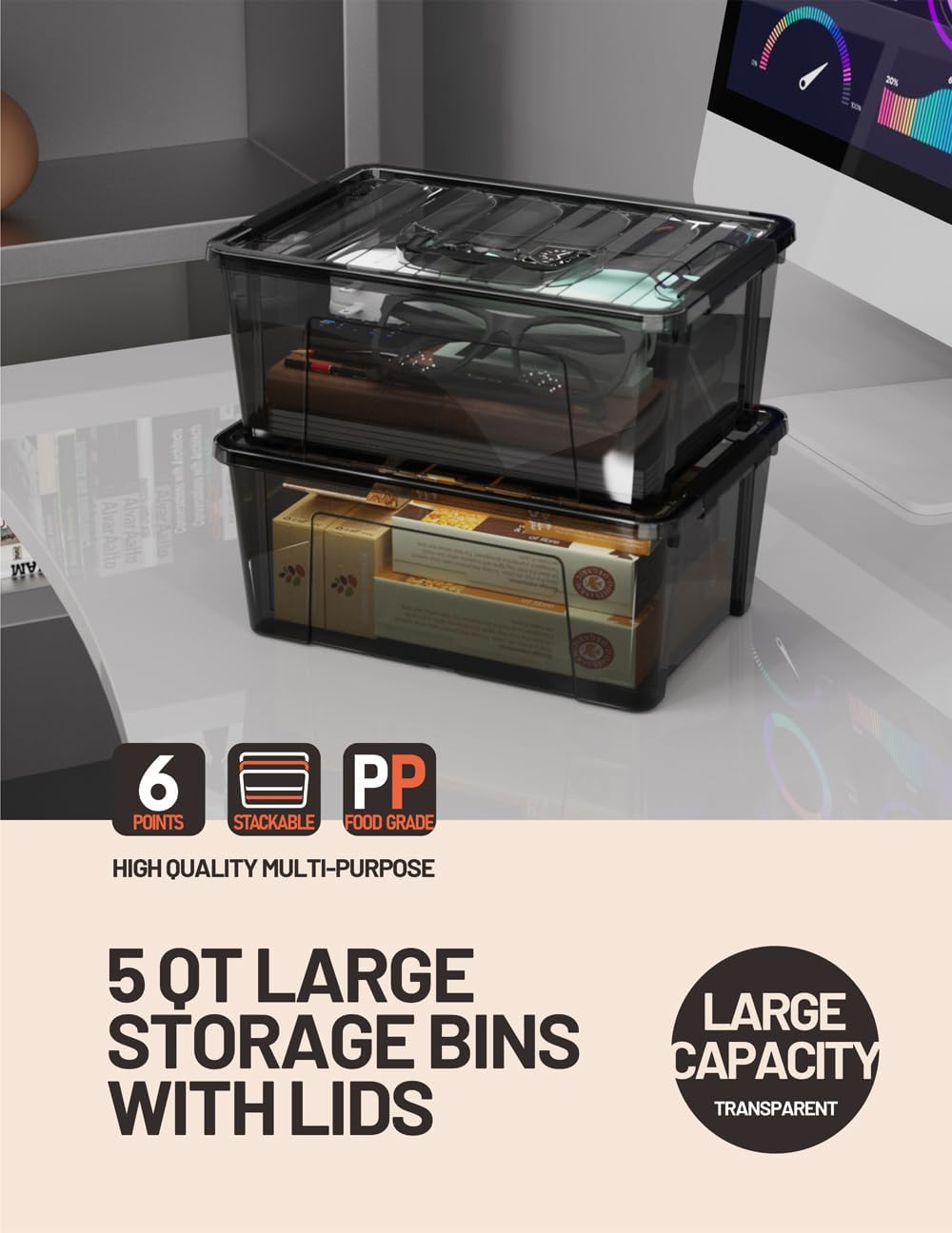 WYT Clear Storage Latch Bins, 6-Pack Storage Organizer Box with Handle and Lids, 5-Litre