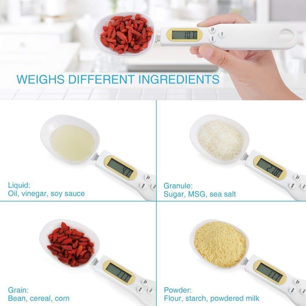Food Scale Spoon, Digital Kitchen Scale High Precision Small Scale with Tare Function Weighing and Measuring Dry Liquid Ingredient Milk Tea Flour Medicine 1.1lb/500g(0.1g), C52 White