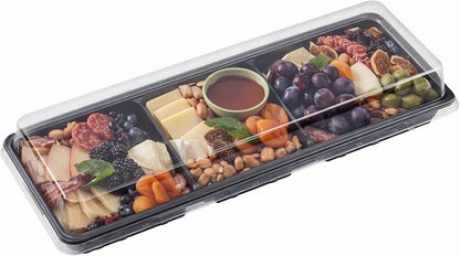 Shellwei 5 Pcs 3 Sections Rectangular Charcuterie Boards with Lid 15 x 5 in Serving Sushi Appetizer Platter Plastic Catering Divided Serving Travel Trays