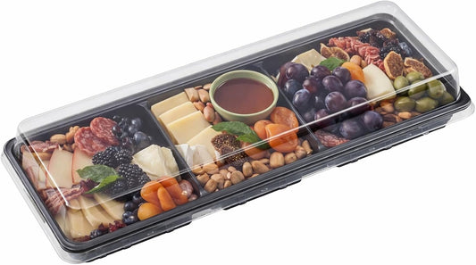 Shellwei 5 Pcs 3 Sections Rectangular Charcuterie Boards with Lid 15 x 5 in Serving Sushi Appetizer Platter Plastic Catering Divided Serving Travel Trays