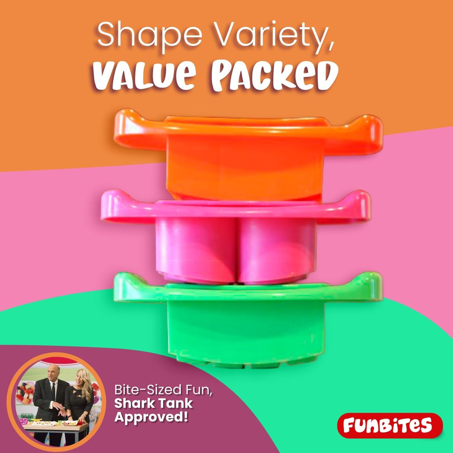 FUNBITES Crustless Sandwich Cutter for Kids Lunch, Uncrustable Sandwich Cutter (6-piece set), Bite-Size Food Cutter for Toddlers, Bento Box Accessories, Dishwasher Safe, Squares/Hearts/Triangles 3pk