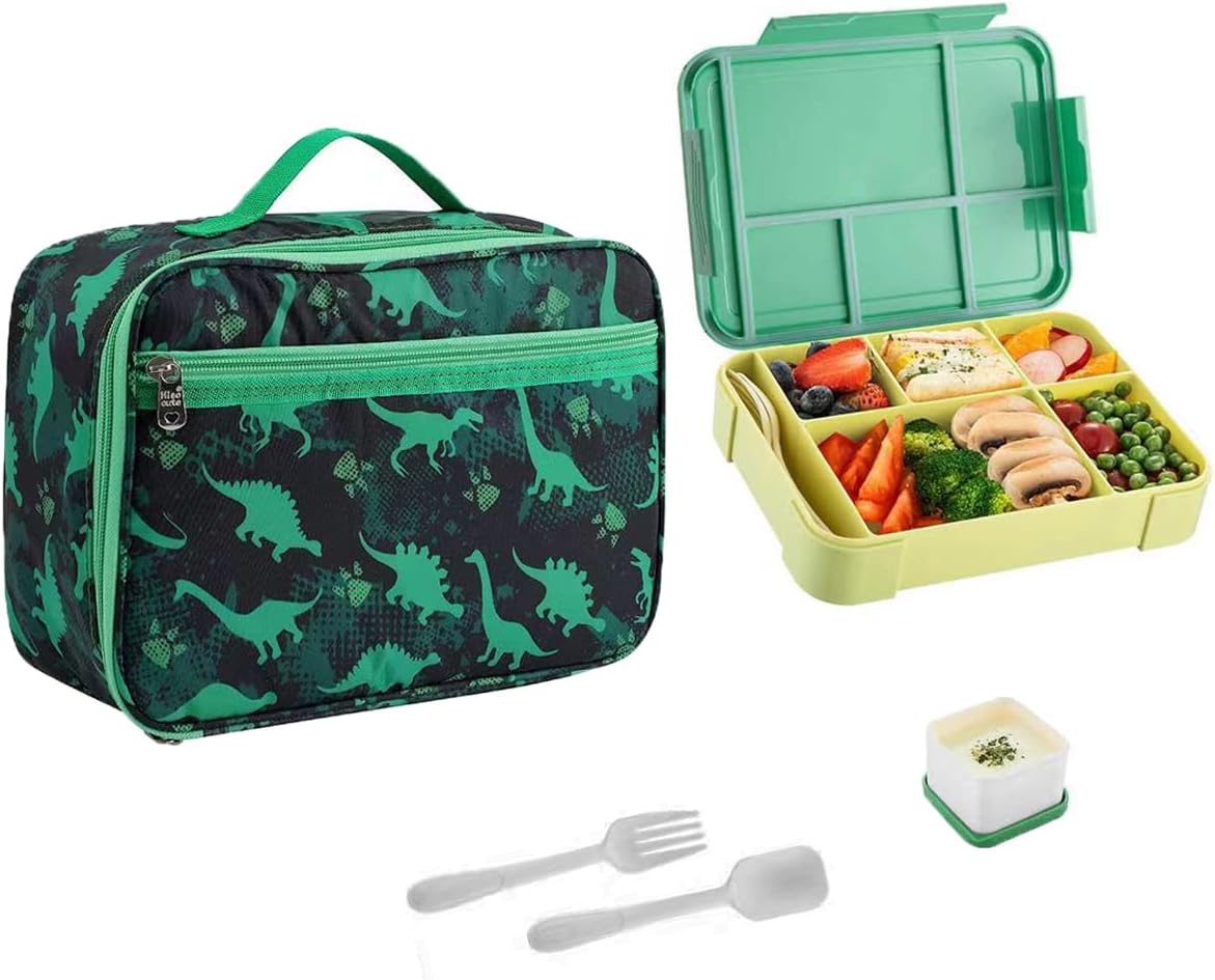 Dinosaur Bento Box for Kids Insulated Lunch Bag, 6-Compartment Leak-Proof Lightweight School Lunch Set for Boys Toddler with Spoon, Fork & Sauce Container