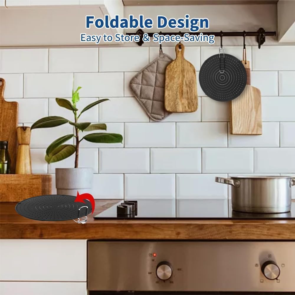 Silicone Splatter Screen for Frying Pan 14’’, Foldable Grease Splatter Guard with Anti-Slip Handle, Food Grade Silicone Washable Heat Resistant Oil Splash Guard