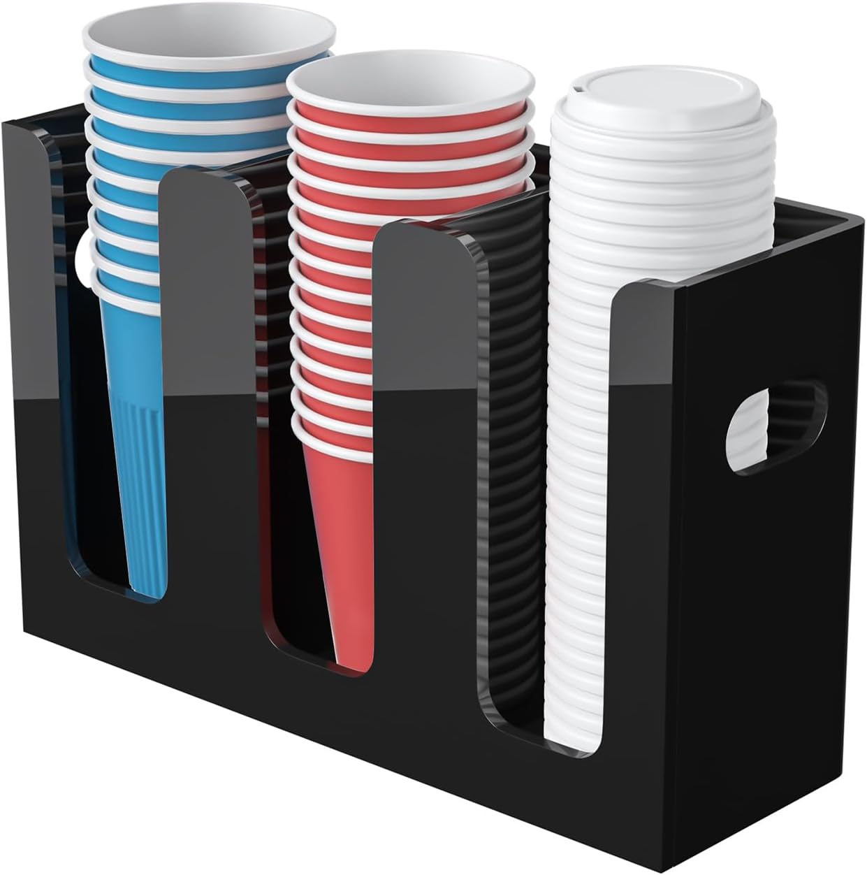 WINFFOR Disposable Cup Organizer Dispenser - 2 Compartments Clear Acrylic Cup and Lid Holder with Handles Plastic Cup Dispenser Countertop Paper Cup Holder for Coffee Bar House Party Essentials