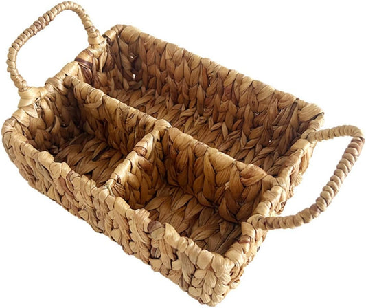VOSAREA Woven Storage Basket with Divided Compartments Rustic Handcrafted Cutlery Organizer for Home Kitchen Living Room Stylish Sundries Management
