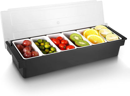WICHEMI Fruit, Veggie & Condiment Caddy with Lid Dispenser Tray Plastic Garnish Station for Bartending & Serving Taco, Ice Cream, Salad Bar - Topping Organizer for Restaurant Supplies (3 Compartment)