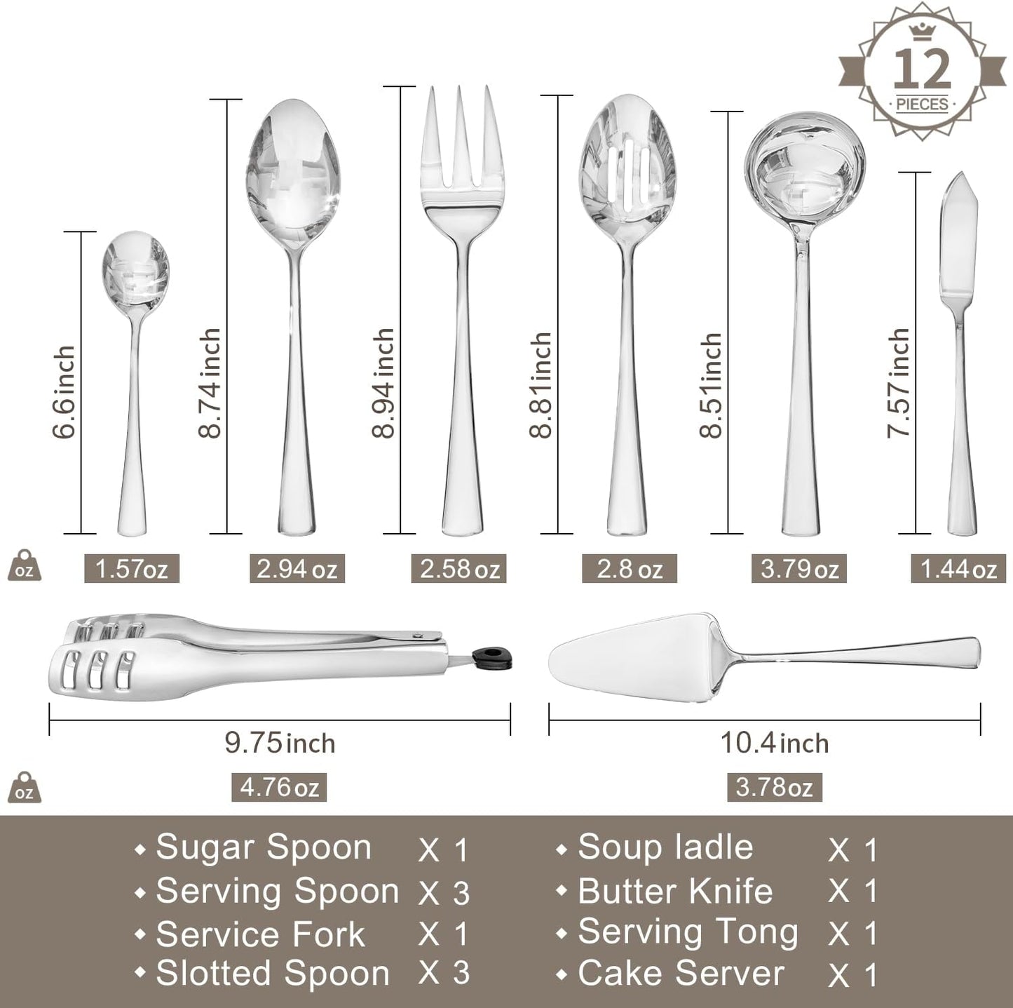 KINGSTONE 8 Piece Serving Utensils Set, 18/10 Stainless Steel Serving Utensils, Slotted Spoon, Serving Spoon, Fork, Tong, Soup Ladle, Cake Server for Buffet, Parties, Kitchen