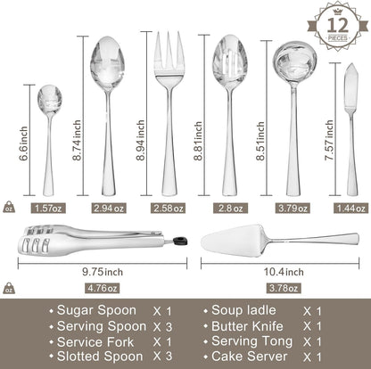 KINGSTONE 8 Piece Serving Utensils Set, 18/10 Stainless Steel Serving Utensils, Slotted Spoon, Serving Spoon, Fork, Tong, Soup Ladle, Cake Server for Buffet, Parties, Kitchen