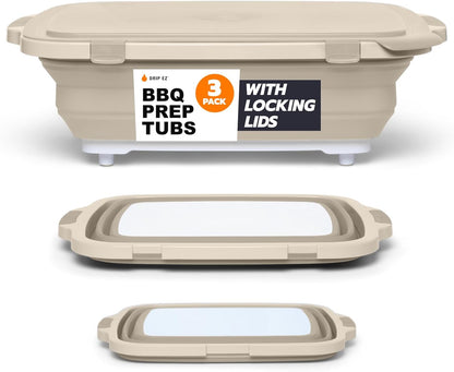 Drip EZ Collapsible BBQ Prep Tubs 3-Piece Set- For Meal Prep Marinating Food Storage - Includes Cutting Board & Lid - (1) JR + (1) OG + (1) XL - Black