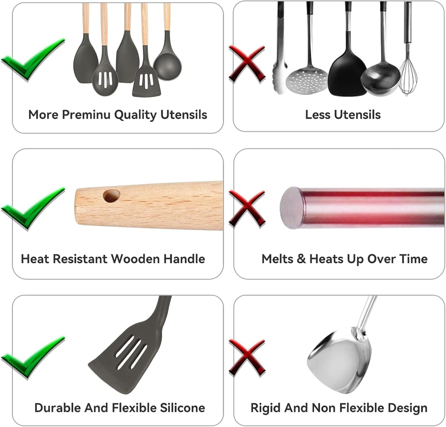Non-Stick Silicone Cooking Utensils Set, 5 Pcs with Wooden Handle, Heat Resistant Silicone Kitchen Gadgets (Black)