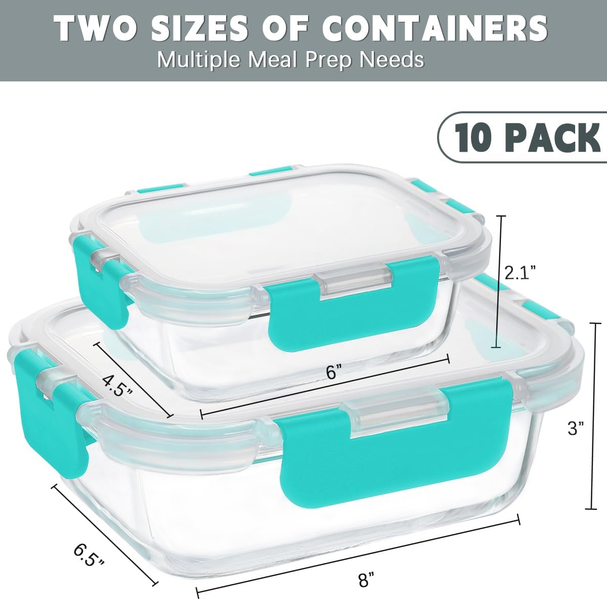 KAMOTA Glass Food Storage Containers, 10 Pack Glass Meal Prep Containers, Airtight Containers with Snap-Lock Lids, 34 oz and 13 oz white Container Set with Lids, for Microwave/Oven/Freezer