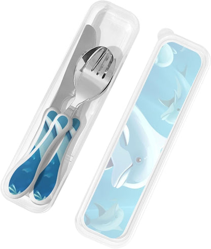 3-Piece Kids Silverware Set With Storage Case, Stainless Steel Reusable Children Safe Knife Spoon Fork Set Dolphin Children Flatware Set For Kids Lunch Box