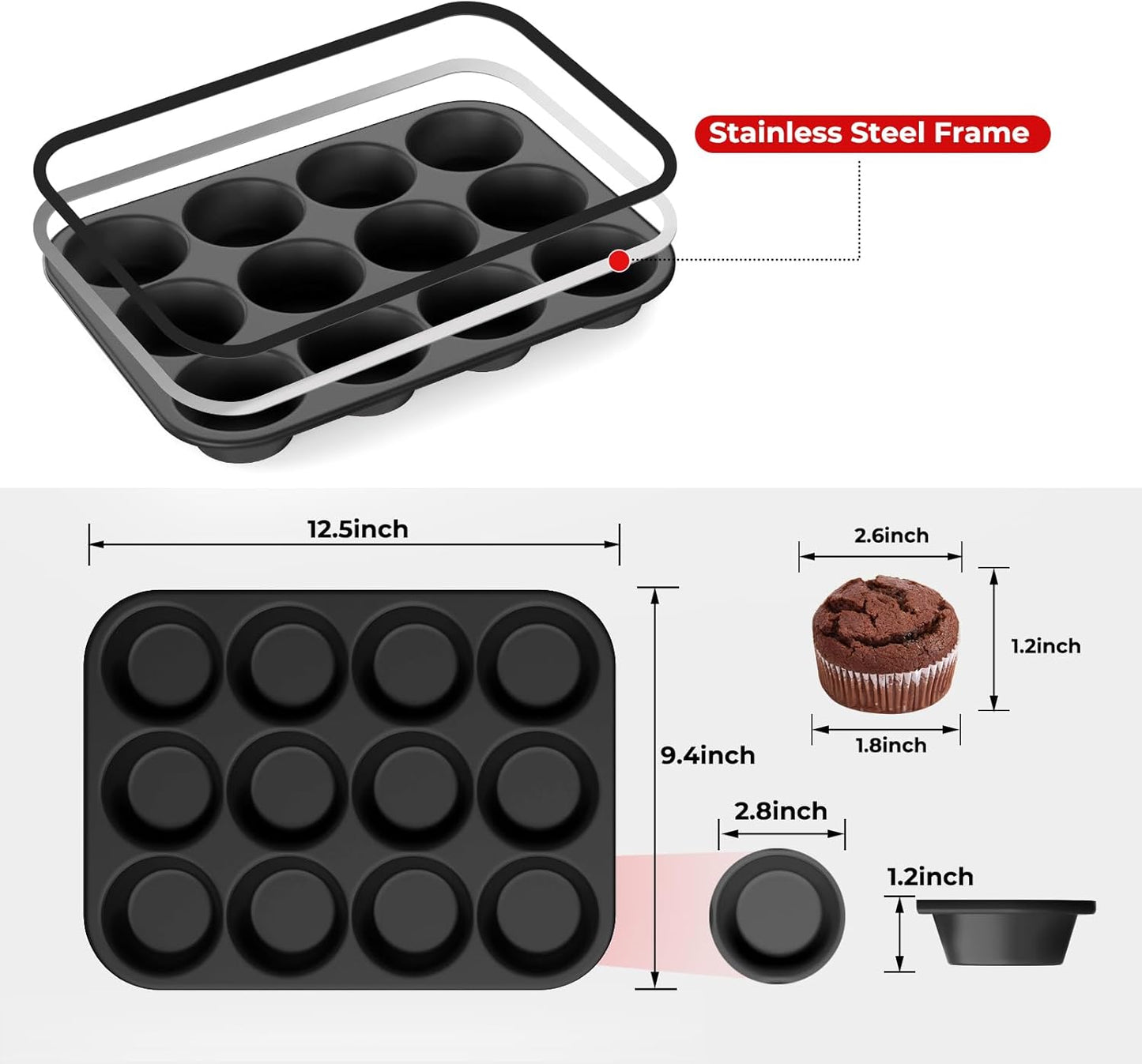 Silicone Muffin Pan for Baking: 12 Cup Muffin Pan with Metal Reinforced Frame, Regular Size Cupcake Egg Bites Molds for Baking, BPA Free Silicone Muffin Tray, Dishwasher Safe (1 Pack, Red)