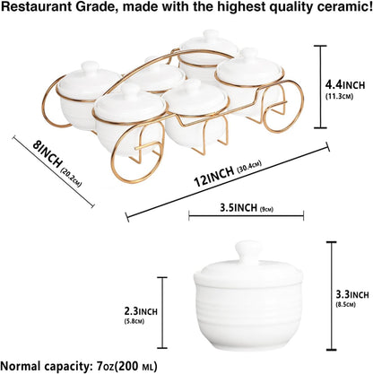 Candy bowl Ceramic Condiment Bowl with lid Metal Tray, 4 Removable small bowls with glass lid relish plate for Snack, Nuts,candies and condiments - for birthday, parties, Holiday gift