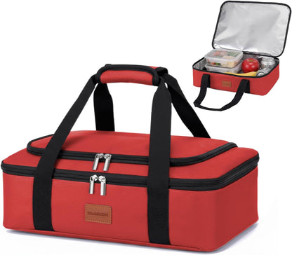 Insulated Casserole Carrier, Double Decker Food Carriers for Hot or Cold Food, Portable Leakproof Thermal Bag for Travel/Potluck Parties/Picnic/Cookouts (Red)