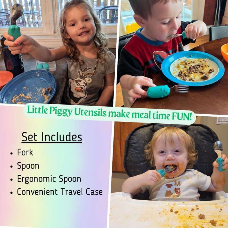 Kids Travel Utensil Set with Case. Include Fork, Universal Spoon, & Ergonomic Right Handed Spoon. Easy grip handles, 304 stainless utensils, feet to keep the utensils off surfaces.