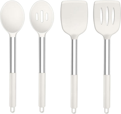 TeamFar Kitchen Utensils, 4 PCS Silicone Cooking Utensils Spatula Spoon Set with Stainless Steel Handle, for Frying Mixing Draining Turning, Healthy & Heat-proof, Non-stick & Dishwasher Safe - Black