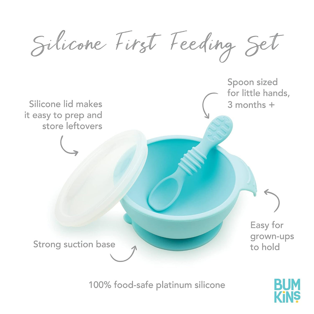 Bumkins Baby Bowl, Silicone Feeding Set with Suction for Baby and Toddler, Includes Spoon and Lid, First Feeding Set, Training Essentials for Baby Led Weaning for Babies 4 Months Up, Sage