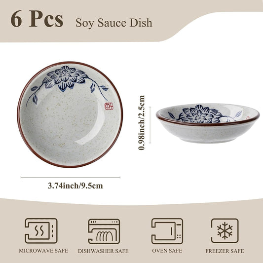 Japanese Soy Sauce Dish Set of 6, 2.7 OZ Ceramic Dipping Bowls