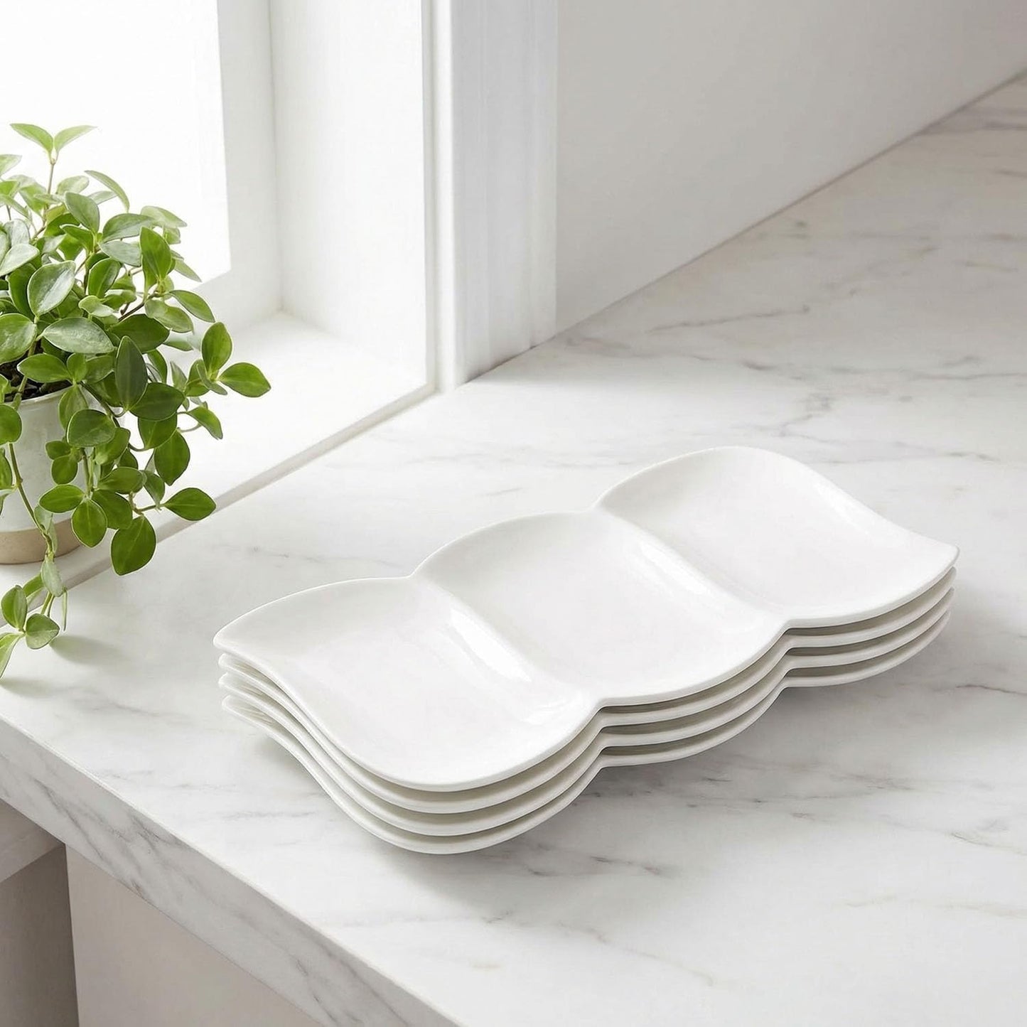 Chip and Dip Serving Set Porcelain Tray Deep Divided Bowl,Set of 2 Divided Platters/Divided Bowls,Lunch&buffet tableware,for Dishwashers,microwaves,ovens safety 13.9 Inch