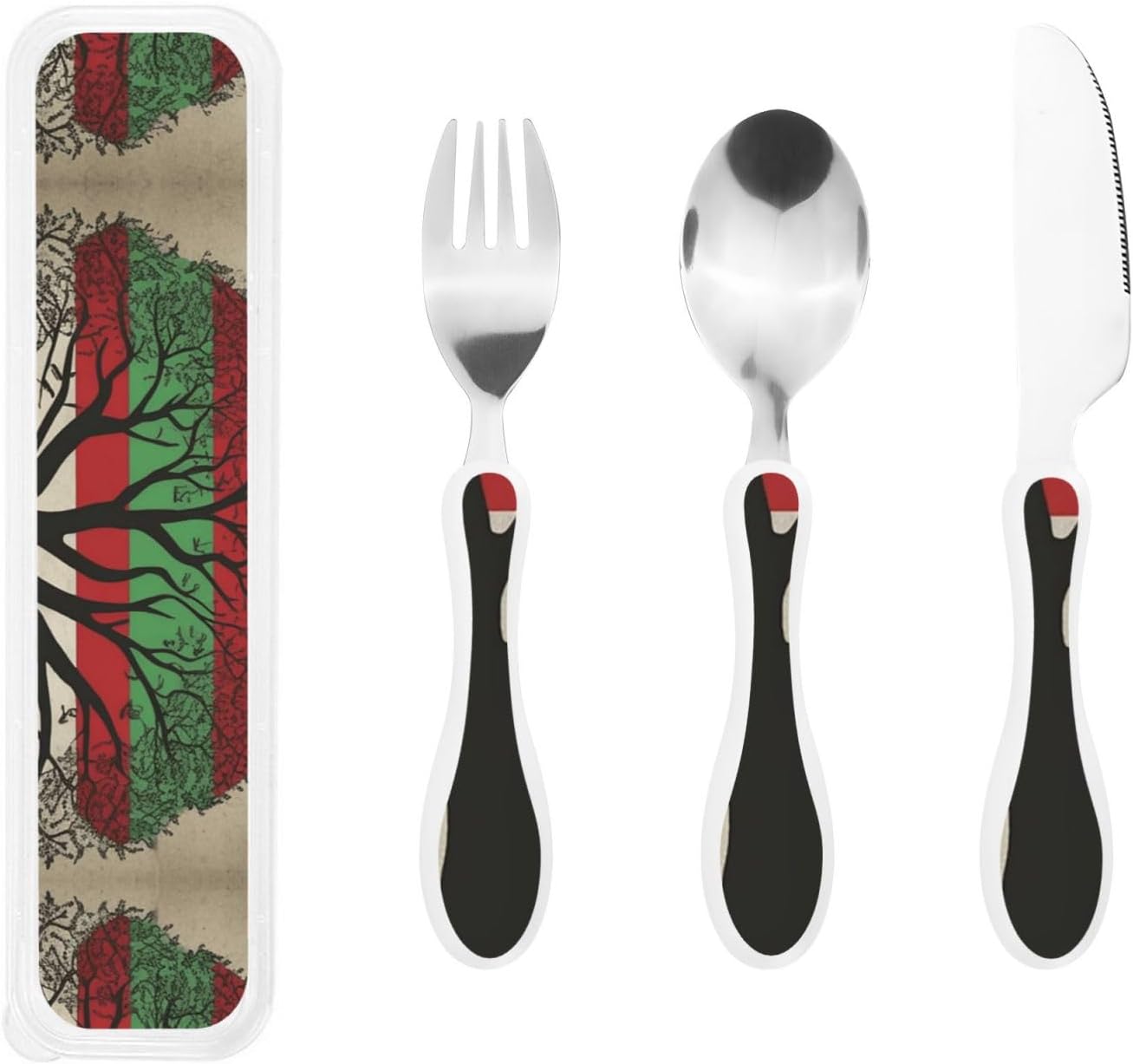 3-Piece Kids Silverware Set With Storage Case, Stainless Steel Reusable Children Safe Knife Spoon Fork Set Black White Stripes Red Rose Flowers Children Flatware Set For Kids Lunch Box