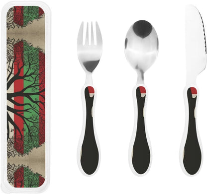 3-Piece Kids Silverware Set With Storage Case, Stainless Steel Reusable Children Safe Knife Spoon Fork Set Black White Stripes Red Rose Flowers Children Flatware Set For Kids Lunch Box