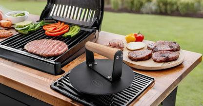 Kitchen Tools Heavy Duty Cast Iron Grill Press Burger Press Bacon Press Barbecue Press Meat Press Burger Smasher Griddle Press Round Flat Press with Anti Scalding Wooden Handle (6INCH)