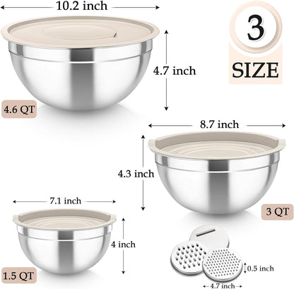 TeamFar Mixing Bowls, Stainless Steel Nesting Salad Bowls with Lids Set of 3 & 3 Grater Attachments, For Mixing/Serving/Storing, Non-toxic & Long-lasting, Size 4.6/3 / 1.5 QT, Black
