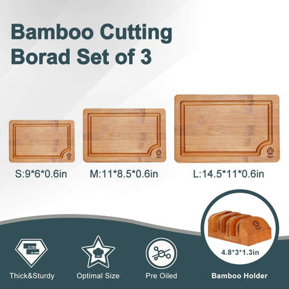 Bamboo Cutting Board Set of 3, Wooden Cutting Boards for Kitchen with Holder for Countertops, Solid Thick Wood Chopping Boards with Juice Grooves and Non Slip Feet for Chopping Meat Vegetables Fruits