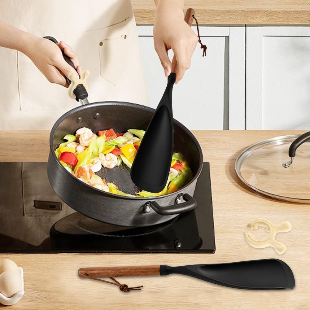 2Pack Cooking Spoon, Silicone Spoonula Spatula with Wooden Handle