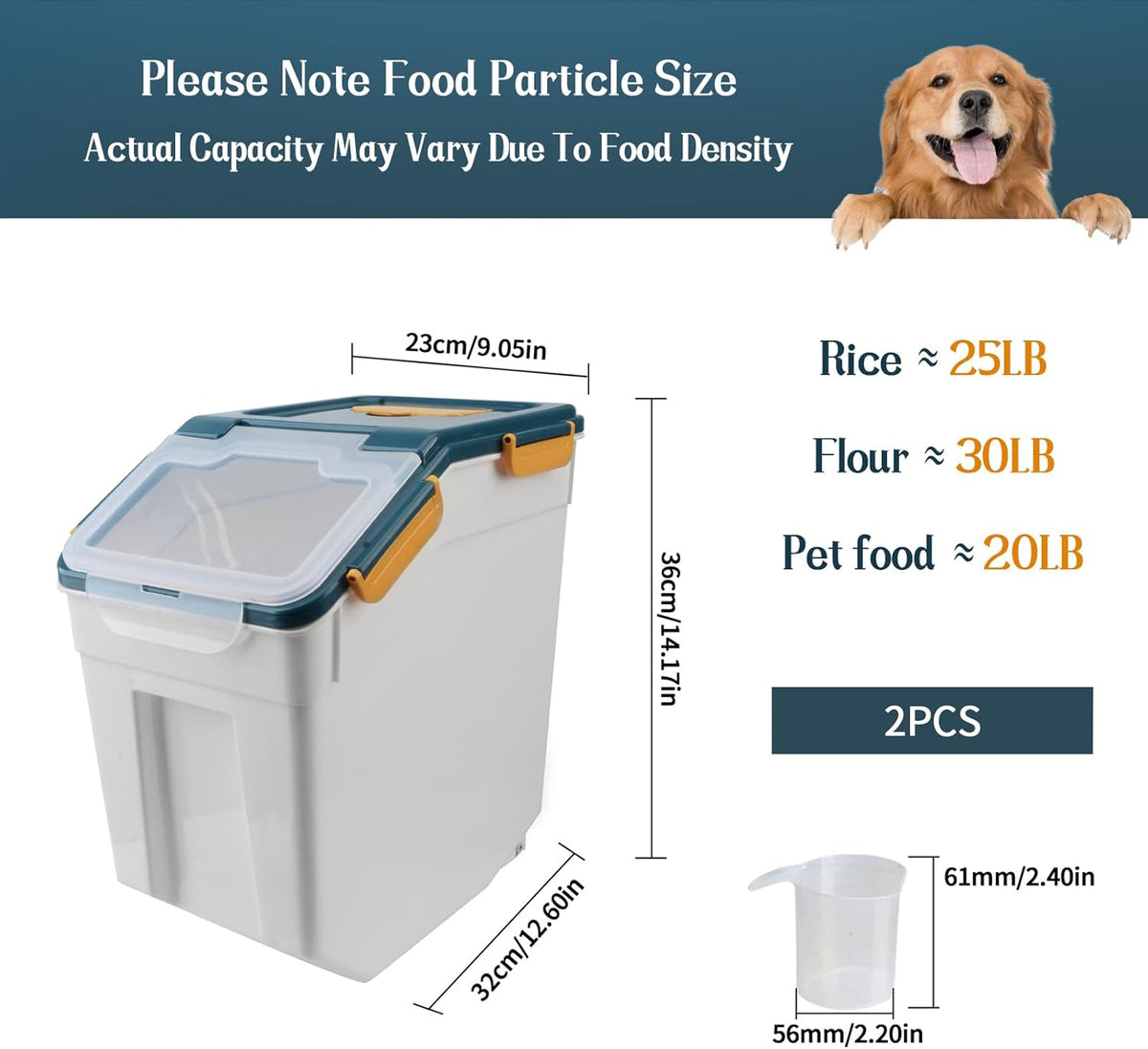 Large Flour Storage Container Bin 25lb, 2Pack Airtight Rice Storage Containers with Wheels Seal Locking Lid, BPA Free with Measuring Cup&Scoop for Flour, Rice, Grain(Green)